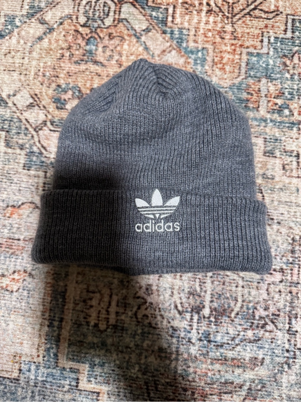 adidas gray cuffed knit beanie with Trefoil logo